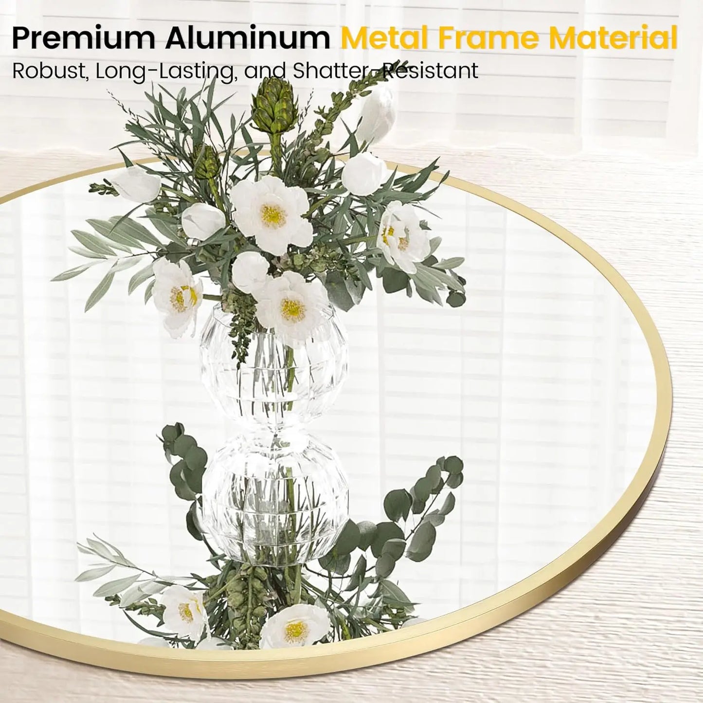 Extra Thick Round Mirror, Golden Aluminum Frame, Wall Mounted