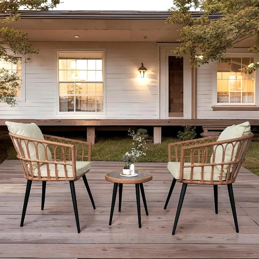 3 Piece Patio Bistro Set WeatherResistant Rattan GlassTabletop AllWeather Outdoor