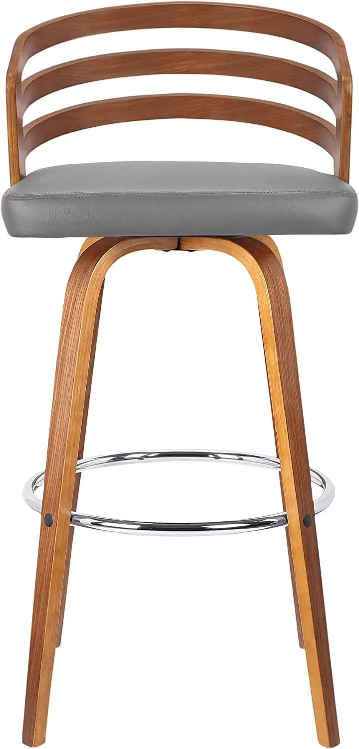Modern Bar Stool 26 Inch Swivel Grey Faux Leather Walnut