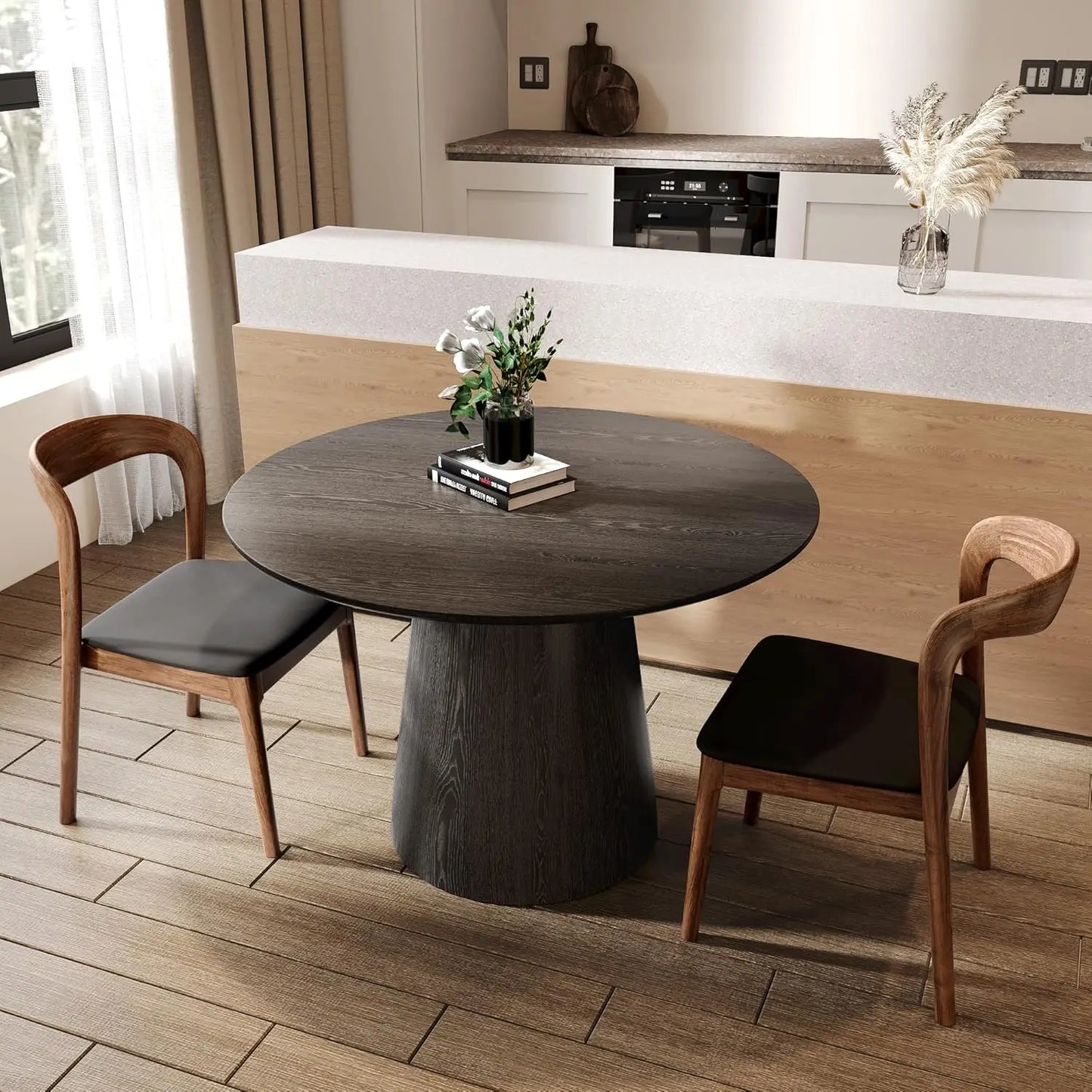 39" Round Dining Table Stone Top With Black Marble Look