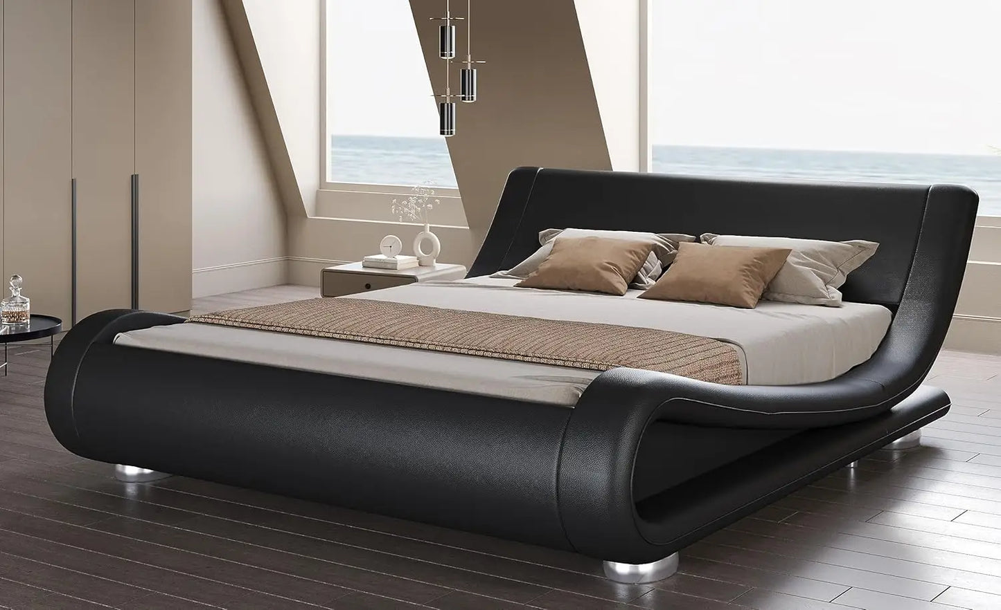 Queen Size Faux Leather Bed Frame With Ergonomic Headboard