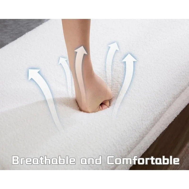 White Boucle Fabric Bench, Faux Sherpa Upholstered Entryway Bench, End of Bed Ottoman Bench with Removable Bench Seat Cushion