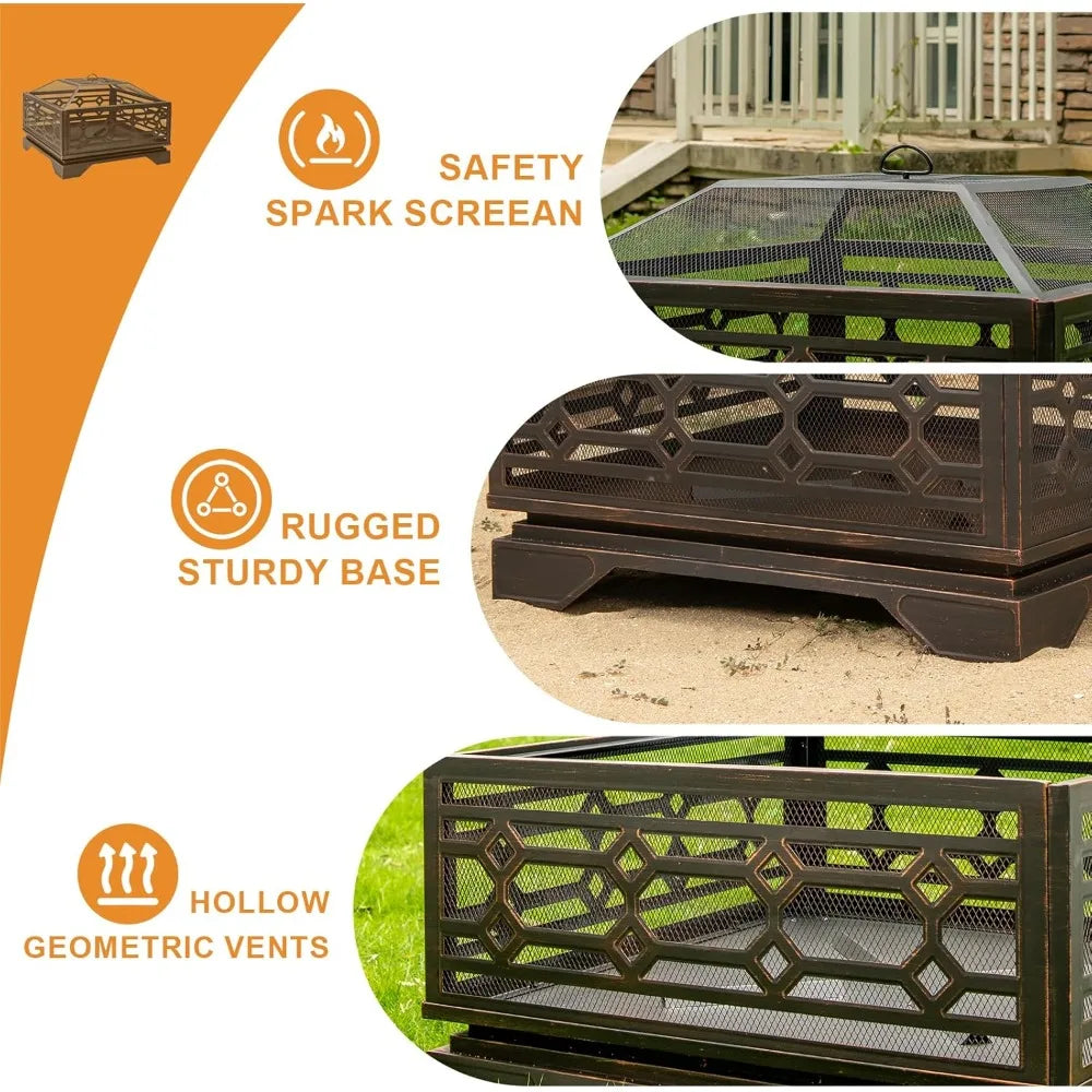 32 Inch Outdoor Wood Burning Fire Pit With Mesh Cover
