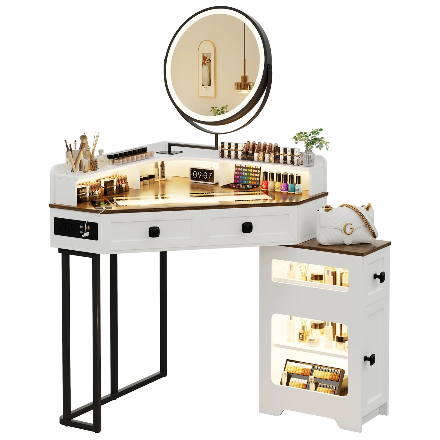 JDPAG Corner Vanity Desk with Mirror and Lights, Makeup Vanity with Charging Station&Human Sensor Light, Dressing Table