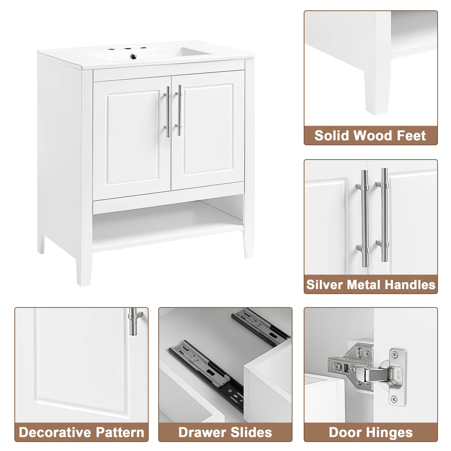 30" Bathroom Vanity Sink, White, MDF Cabinet With Doors