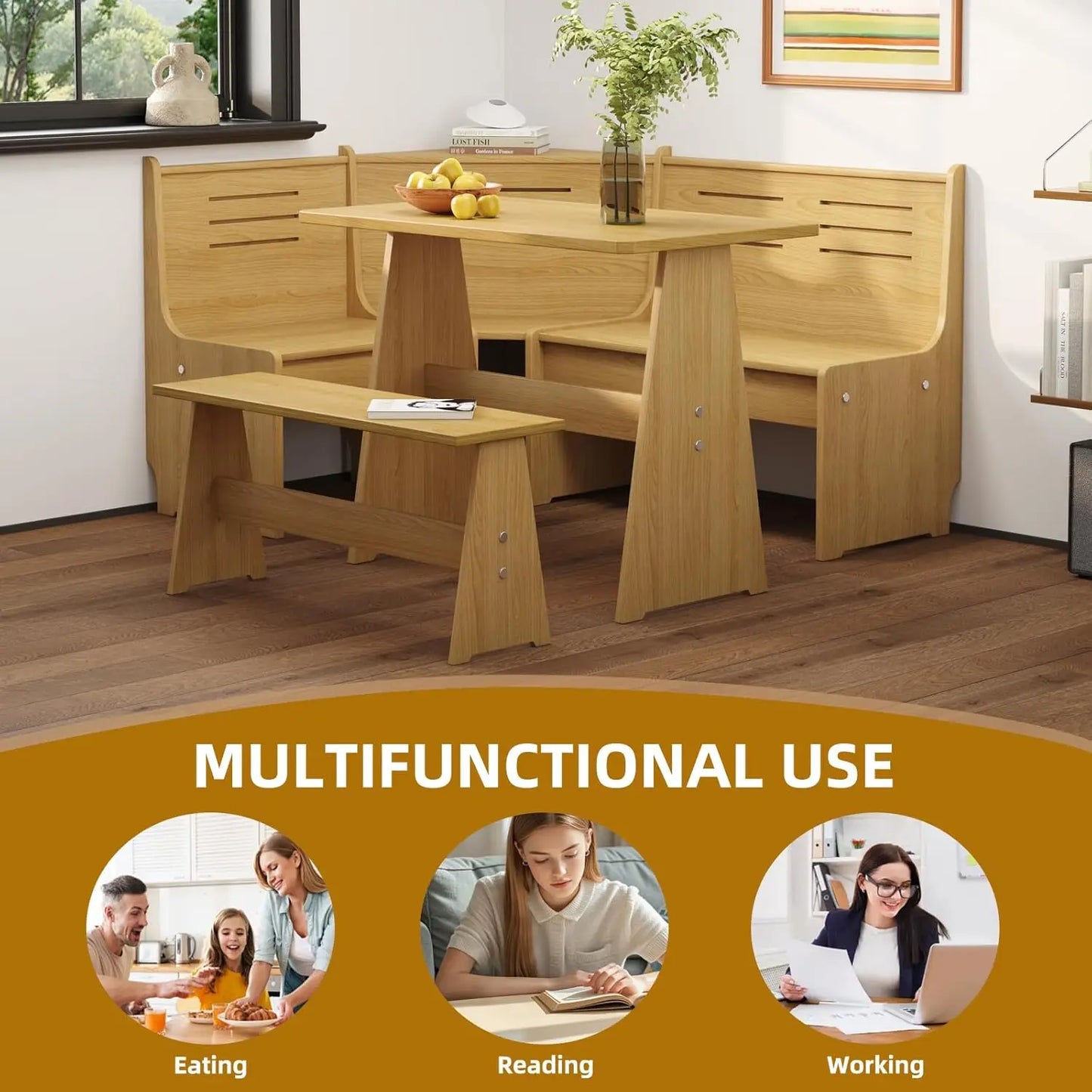 Farmhouse Breakfast Nook Table Set with Corner Bench