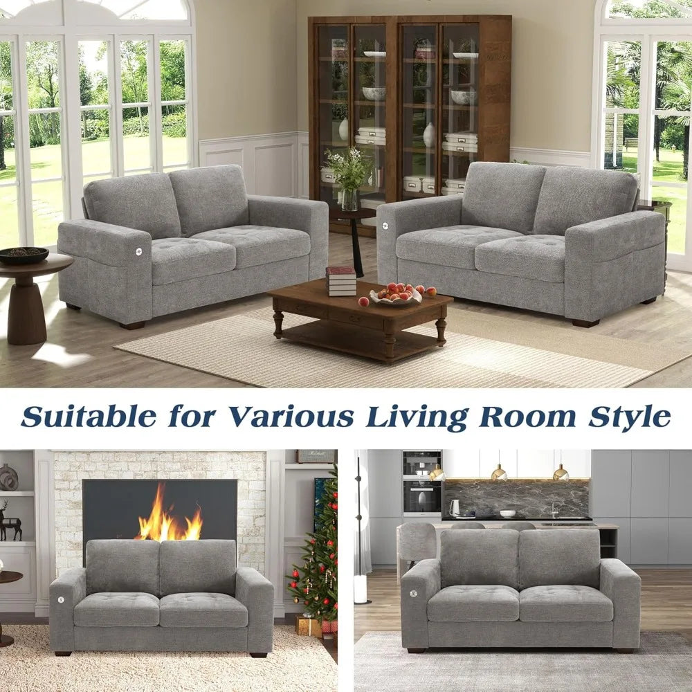 Living Room Sofas: Chenille Loveseat and Small 3-seater with USB ports and Removable Covers, Solid Wood Frame