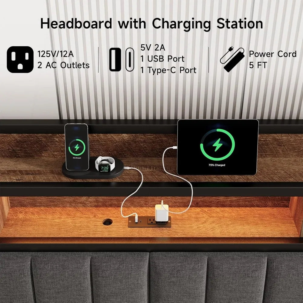 Ergonomic King Size Headboard, with 2 Tier Storage and USB Ports