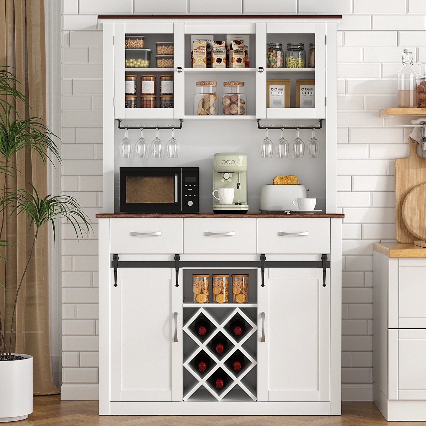 72" Tall Farmhouse Bar Cabinet with Sliding Barn Doors, Kitchen Pantry Storage Cabinet with Wine & Glass Racks