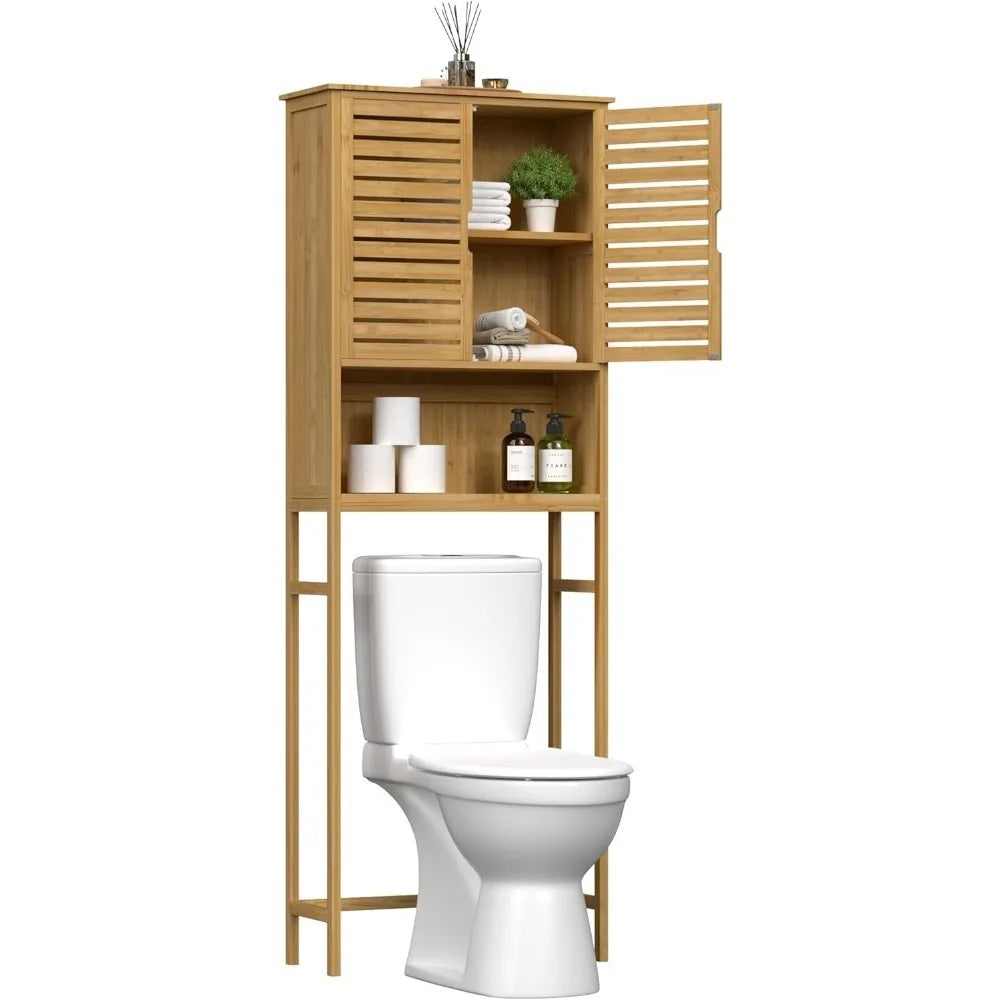 Fully upgraded-Over-The-Toilet Storage Shelf with Doors, Bathroom Freestanding Bamboo Organizer Space Saver with Adjustable Shelf
