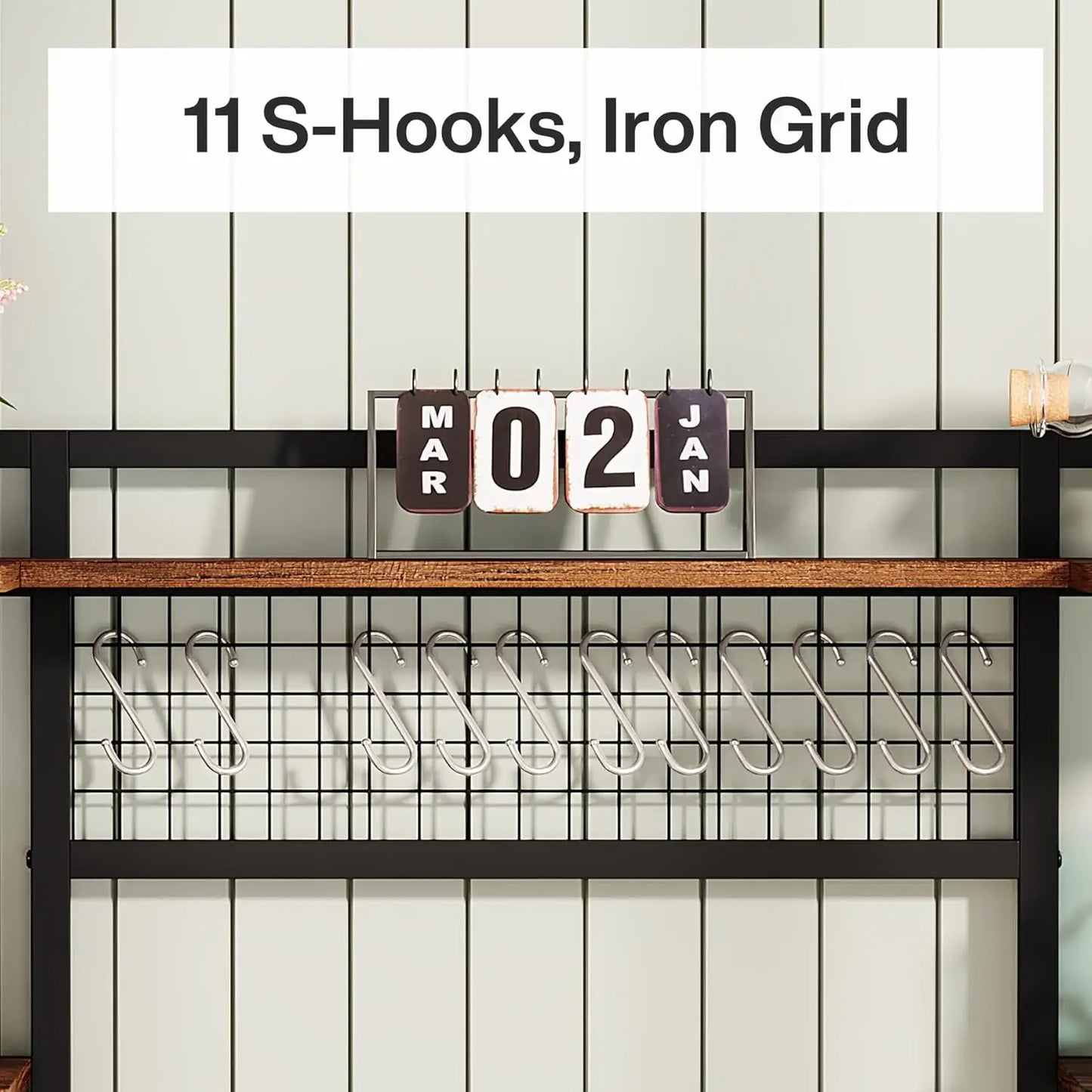 Kitchen Bakers Rack, Microwave Stand, 55" Wide Kitchen Storage Shelf, Large Coffee Bar Station Baker's Rack with 11 Hooks