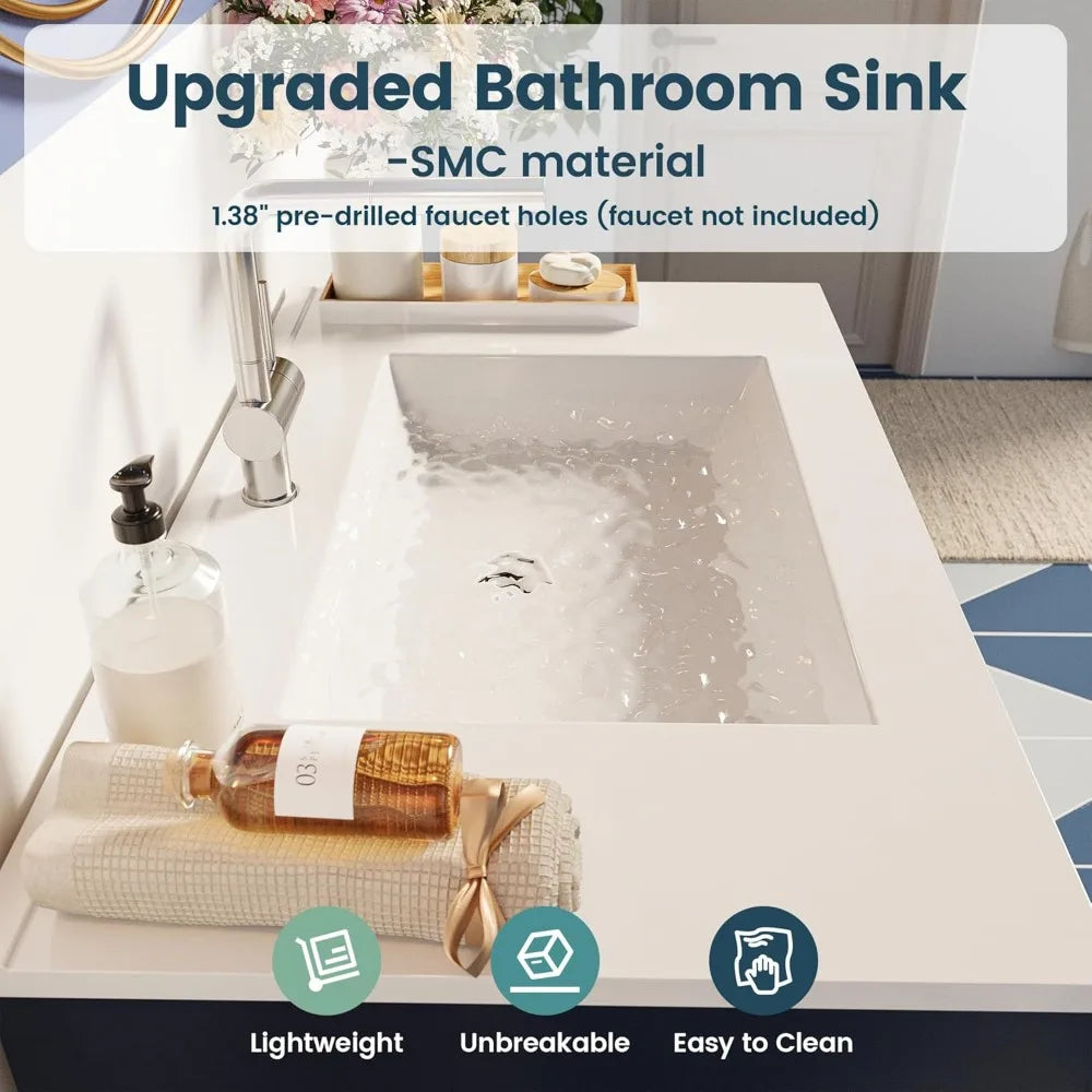 30.9" Dark Blue Bathroom Vanity w/Sink and Three Drawers