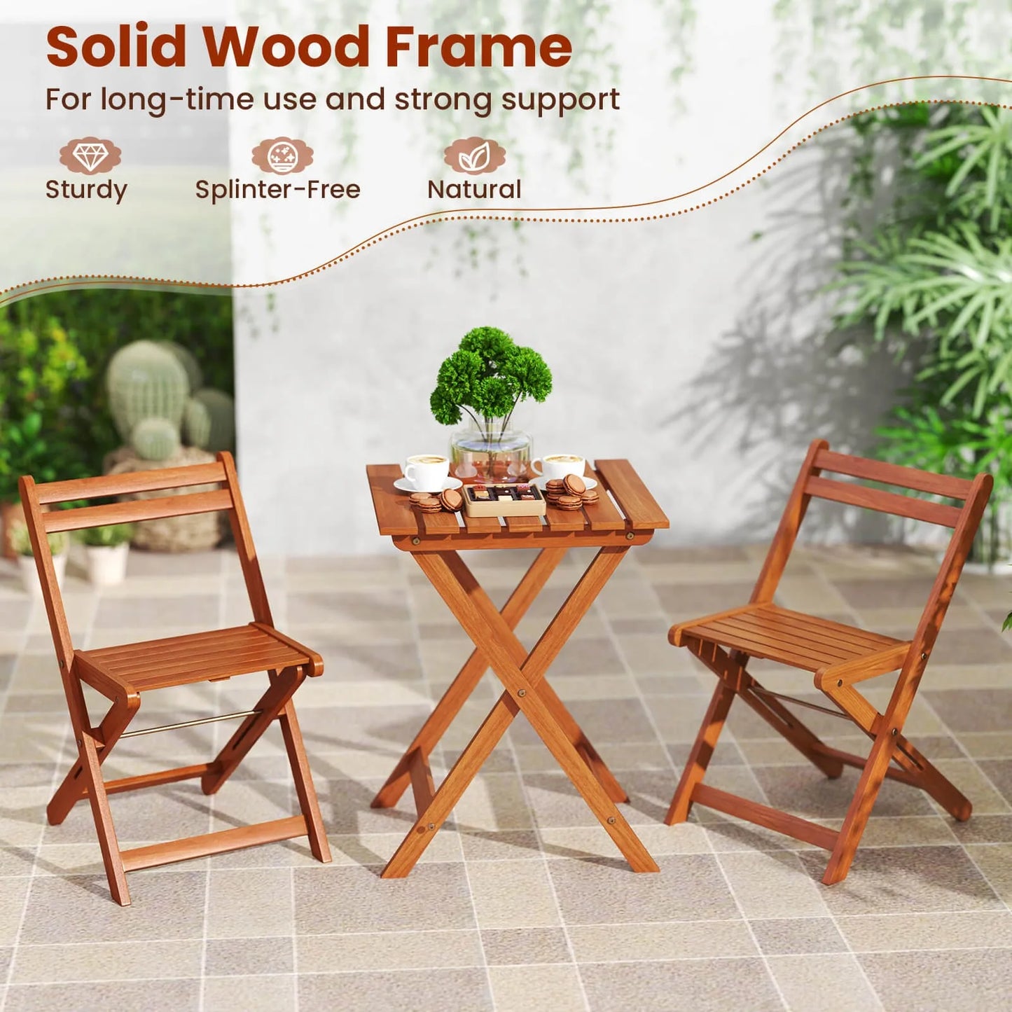 3 Piece Outdoor Wood Bistro Set w/ 2 Folding Chairs & Dining Table for Backyard