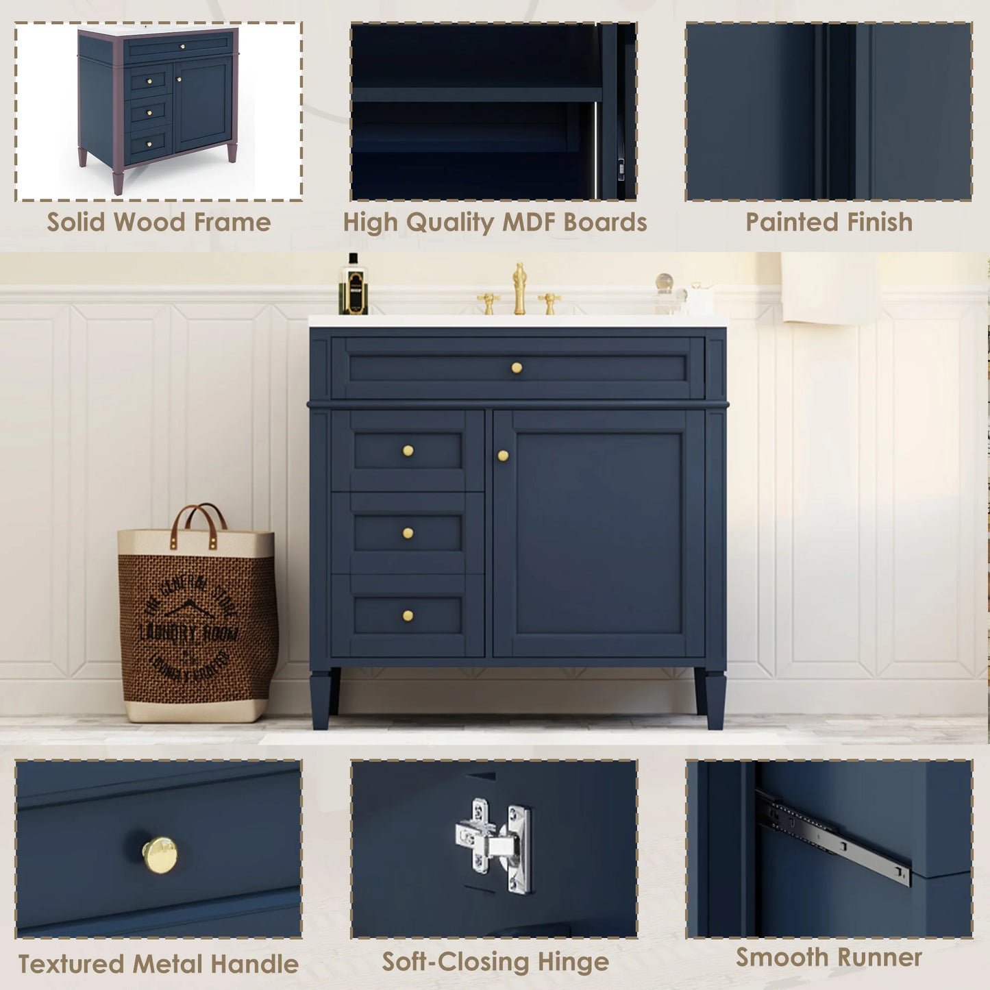 SHKL 36 Inch Modern Black Bathroom Vanity With Ceramic Sink