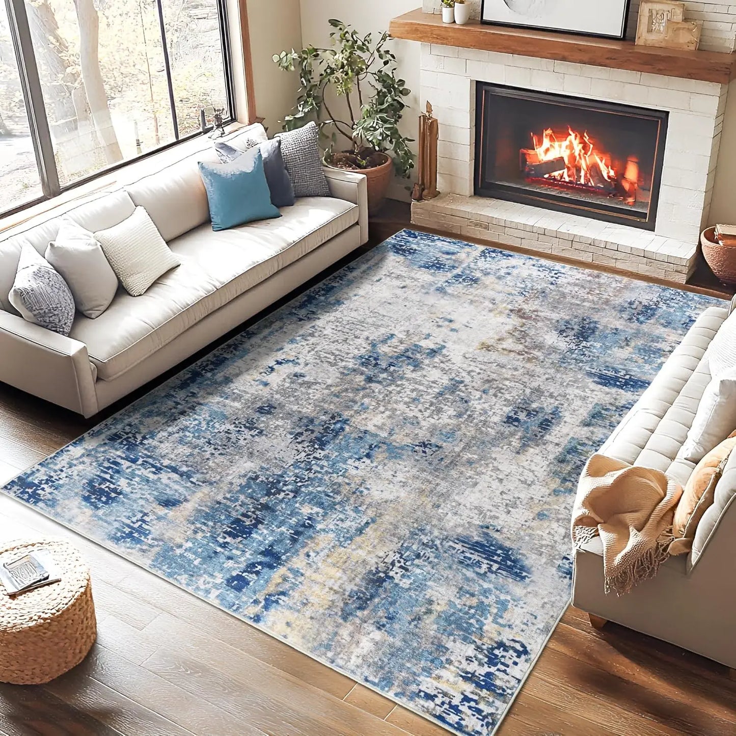 Living Room Area Rugs, Soft Large Modern Abstract Area Rug,  Boho Vintage Machine Washable, Non-Slip Carpet, Low Pile Rugs