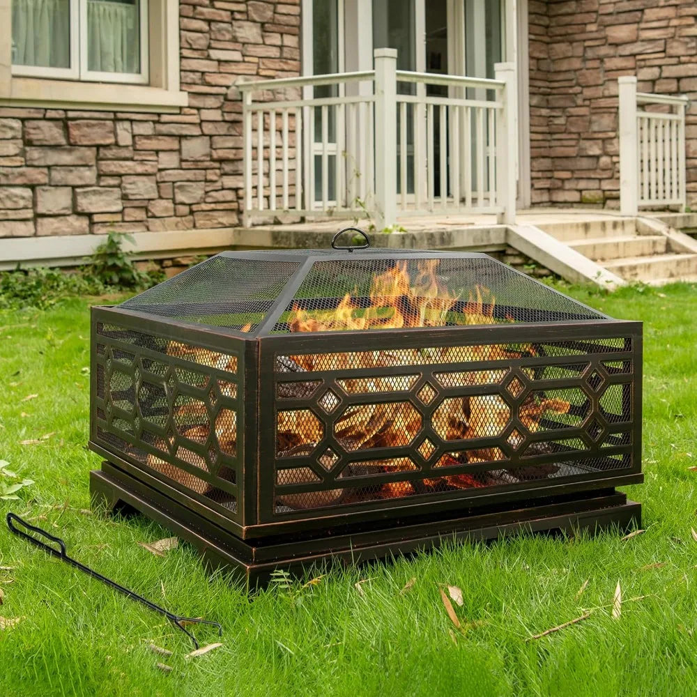 32 Inch Outdoor Wood Burning Fire Pit With Mesh Cover