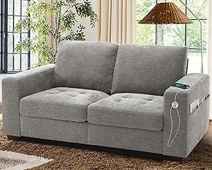 Living Room Sofas: Chenille Loveseat and Small 3-seater with USB ports and Removable Covers, Solid Wood Frame