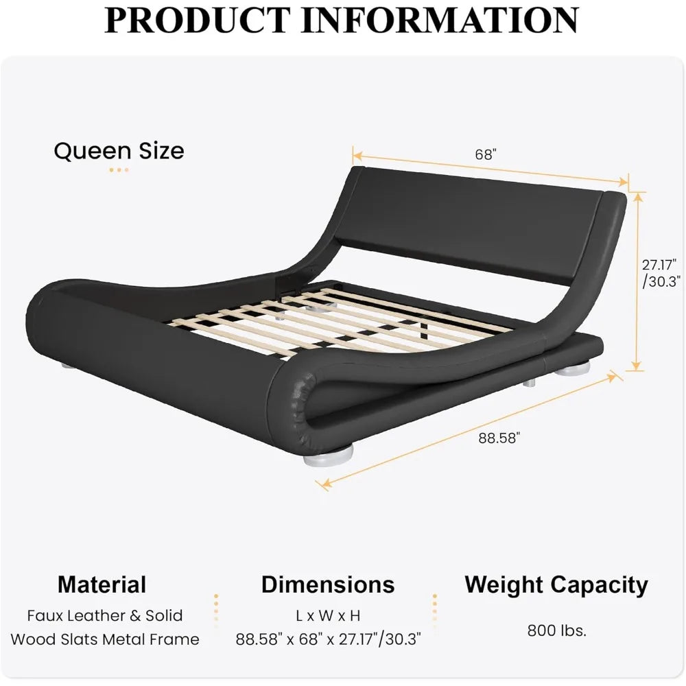 Queen Size Faux Leather Bed Frame With Ergonomic Headboard