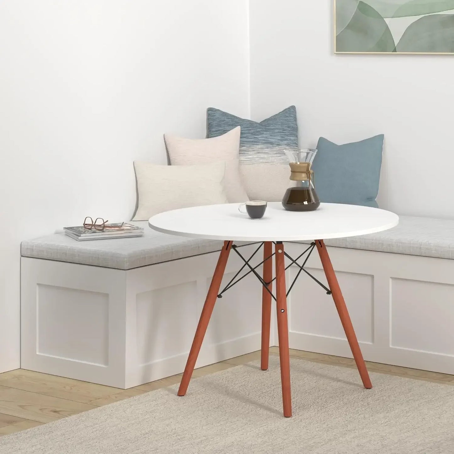 White Round Dining Table Beech Wood Legs Mid Century