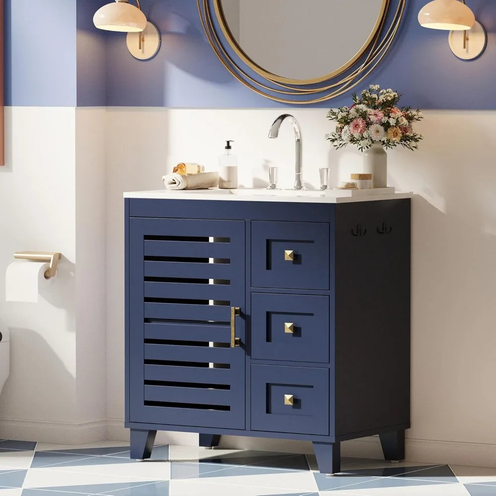 30.9" Dark Blue Bathroom Vanity w/Sink and Three Drawers