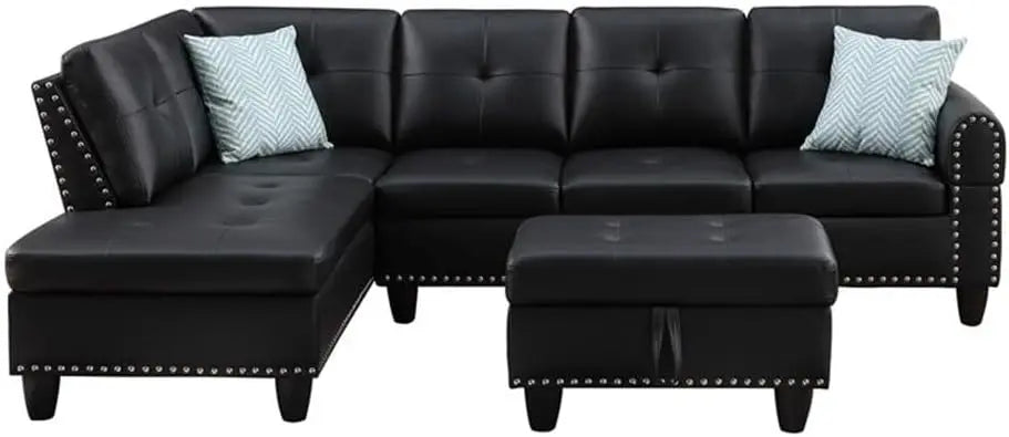 L-Shaped Faux Leather Sectional Sofa With Lift Top Ottoman Storage, Black
