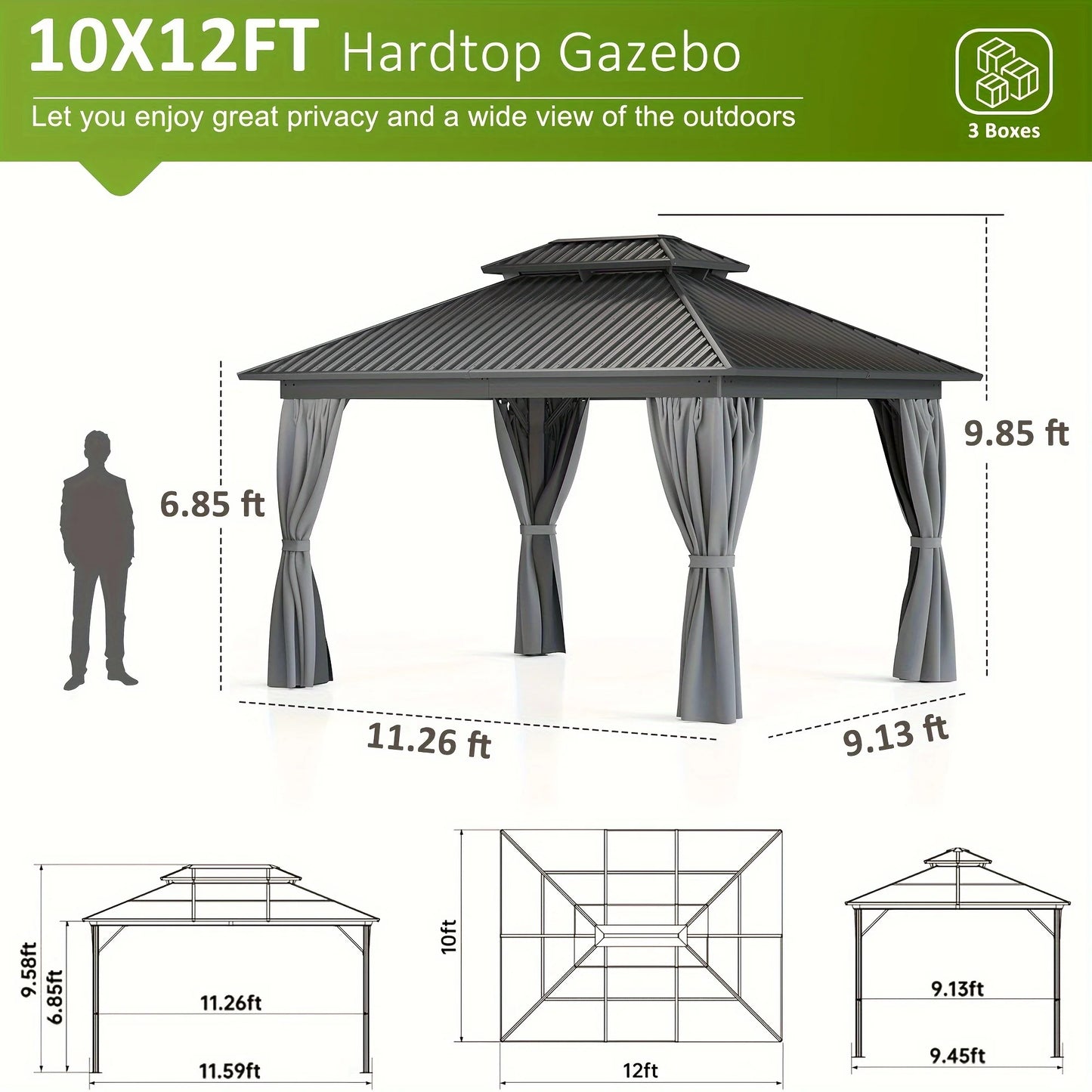 Polar 10x12 Ft Hardtop Gazebo Aluminum Frame With Steel Roof