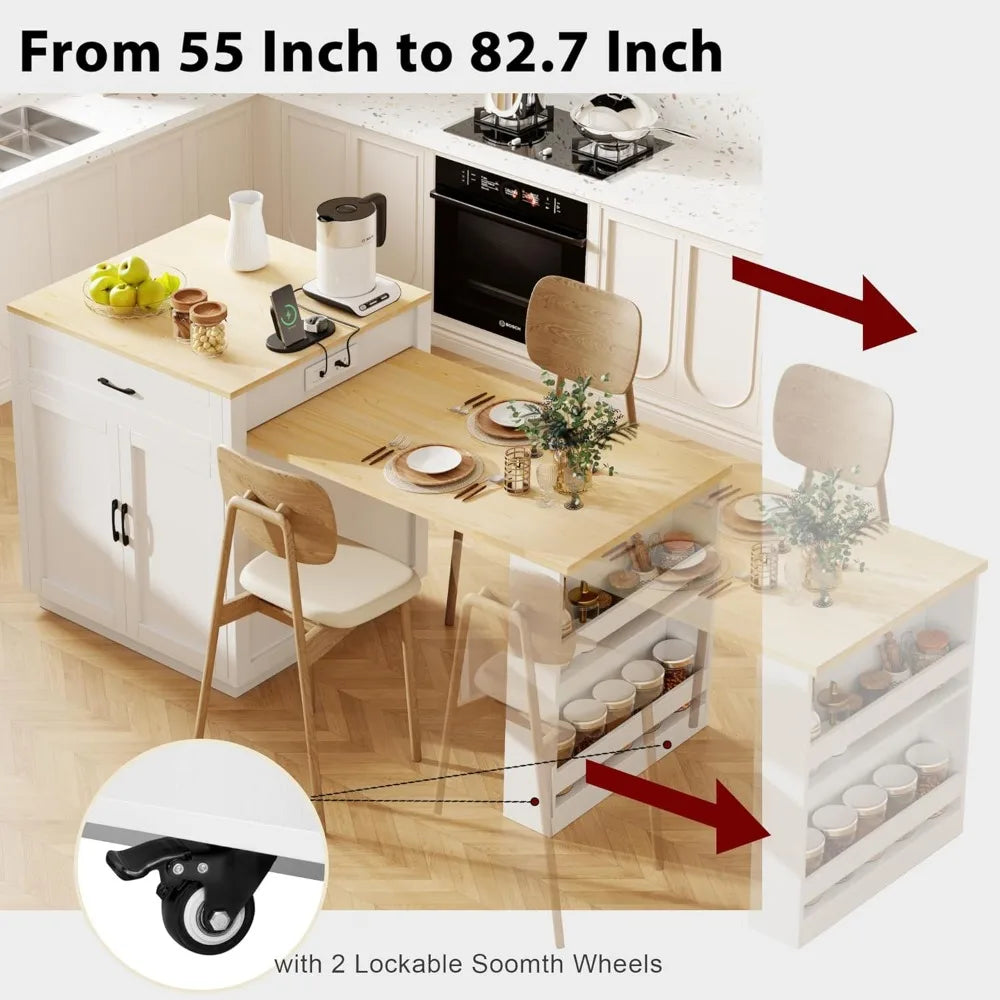 Large Extendable Kitchen Island 83 Inch Power Outlet White