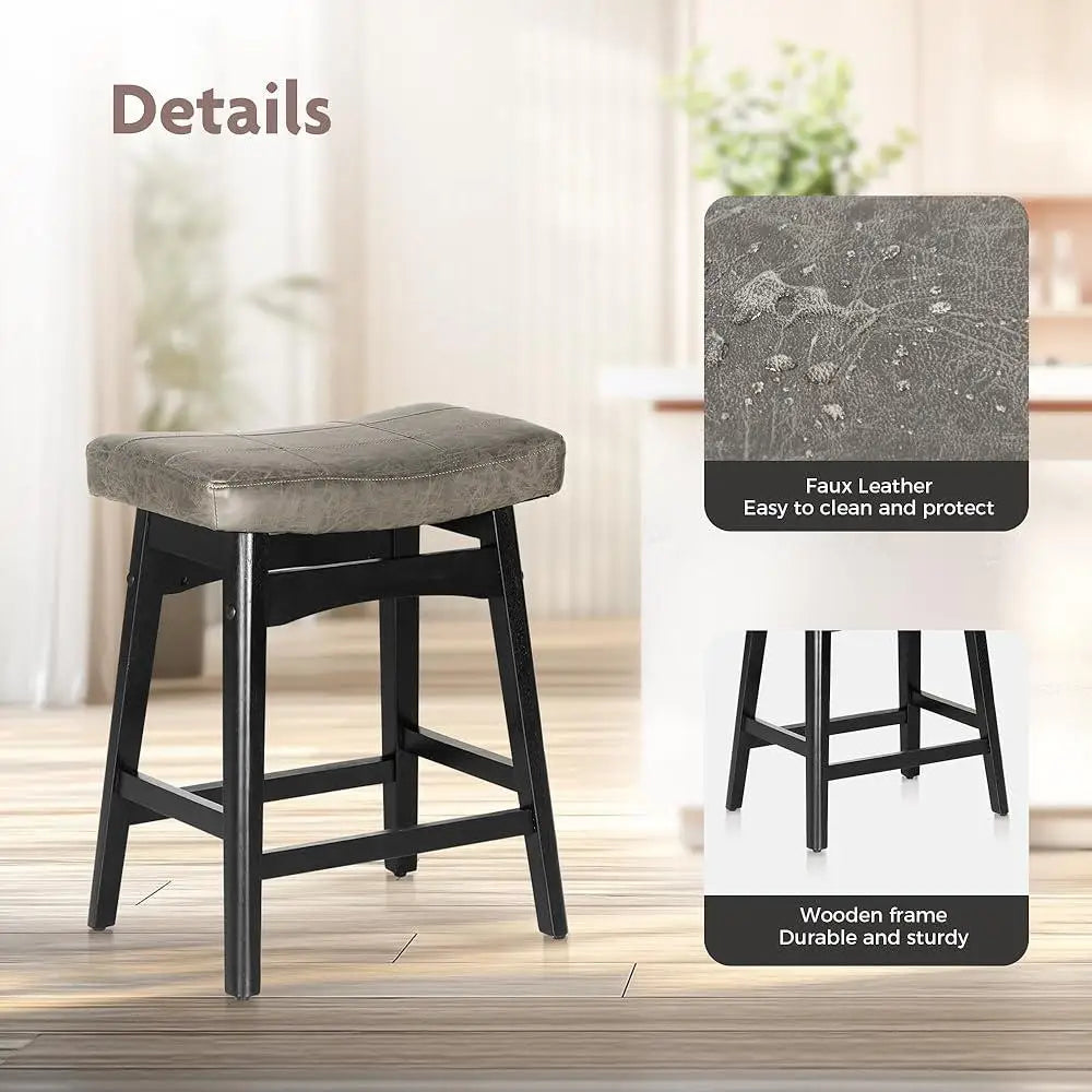 Solid Wood Bar Stools Set 4 Counter Height Saddle Cushions
