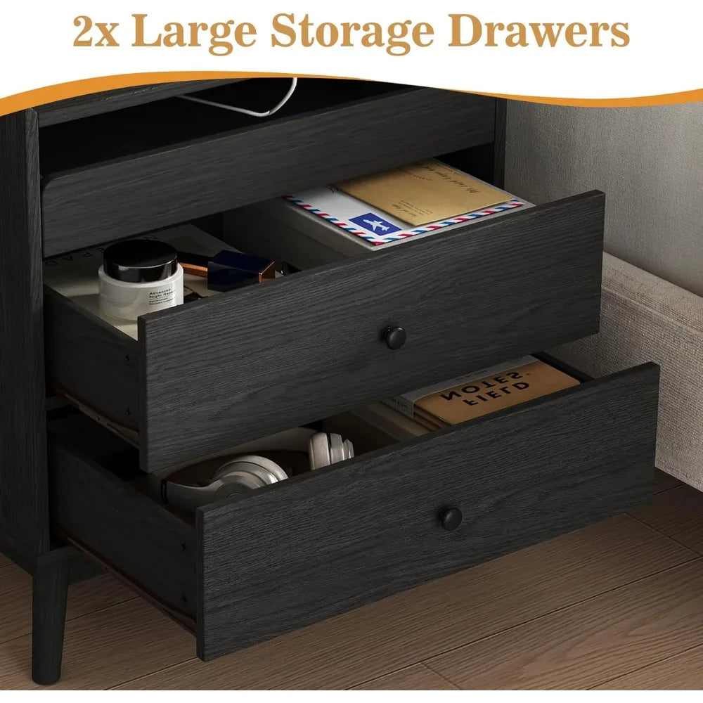 Nightstands, Wood, Set Of 2 With 3 Drawers And Charge Station