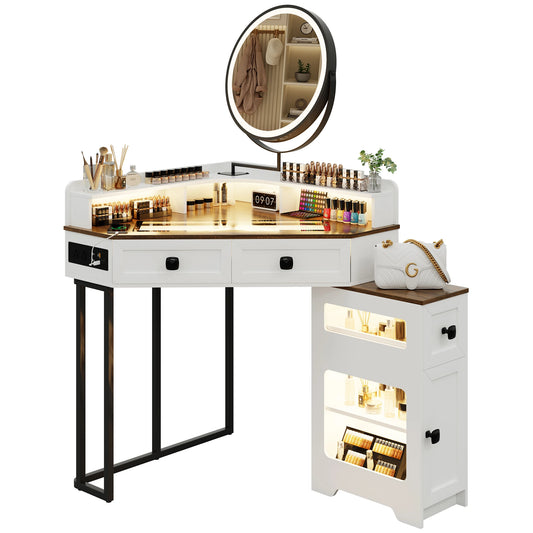 JDPAG Corner Vanity Desk with Mirror and Lights, Makeup Vanity with Charging Station&Human Sensor Light, Dressing Table