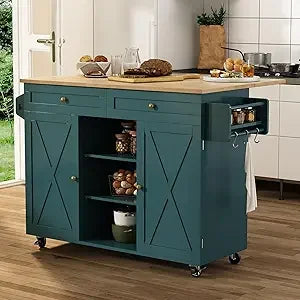 Blue Kitchen Island On Wheels With Drop Leaf Countertop