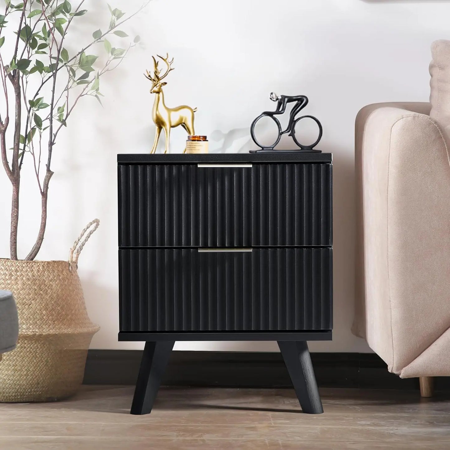 Fluted Nightstands Mid Century Modern Drawer Dresser Bedroom