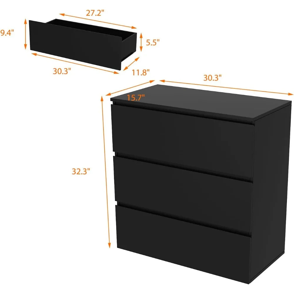 Modern Black Three Drawer Dresser For Bedroom Storage