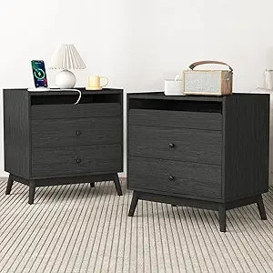 Nightstands, Wood, Set Of 2 With 3 Drawers And Charge Station