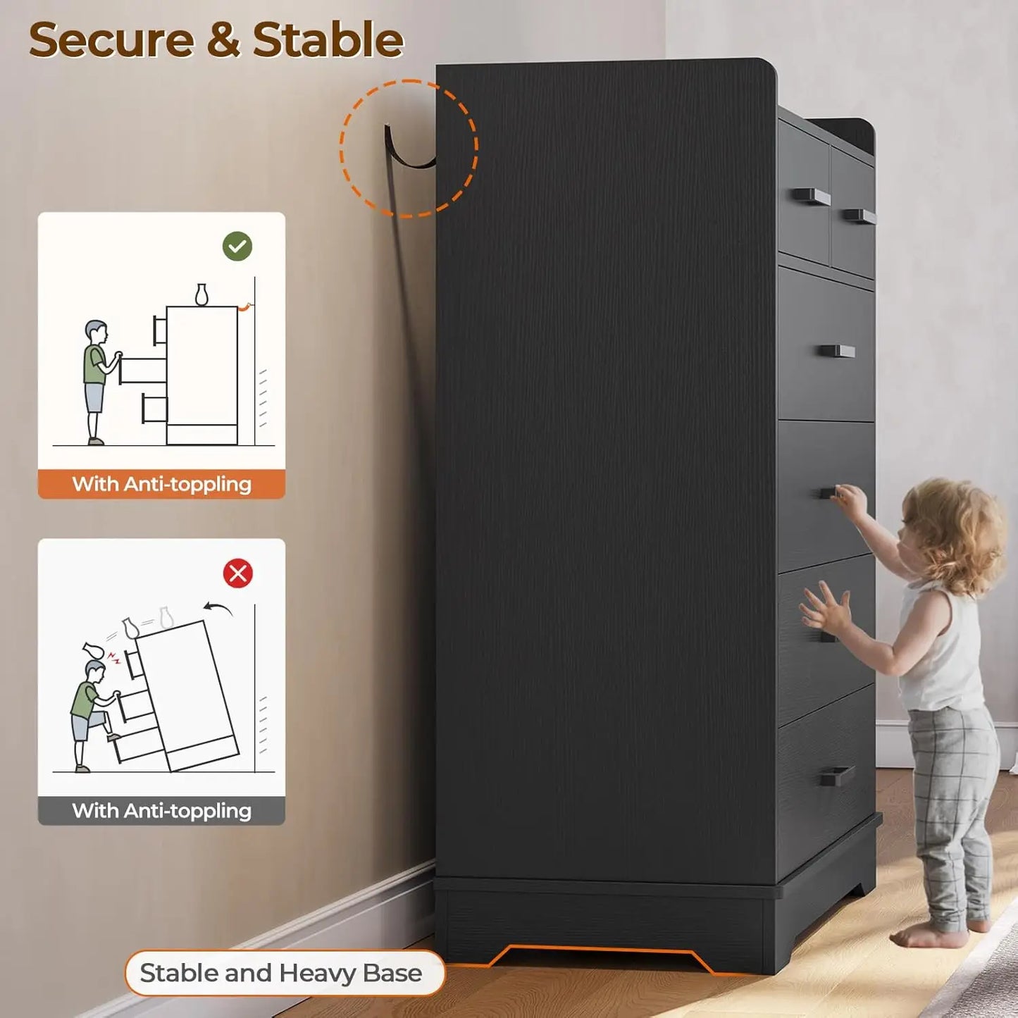 Black 6 Drawer Dresser Vertical Storage Chest Organizer