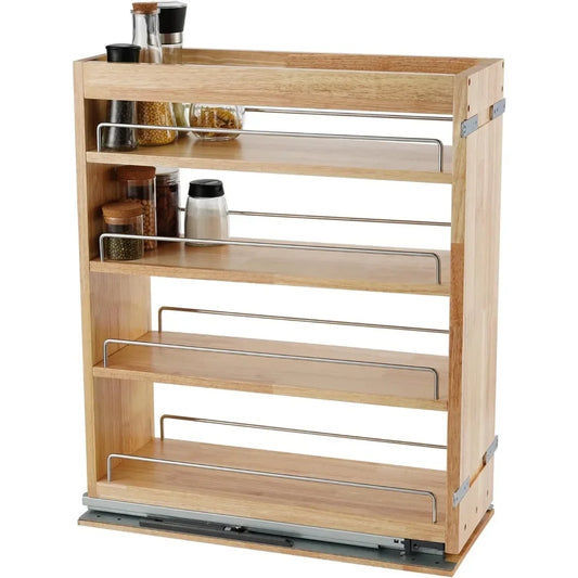 Pull-Out Spice Rack Organizer for Cabinet, (5" W x 21.9" D x 25.2" H) Multi-Use Wood Pull Out Cabinet Organizer (Slide Out)