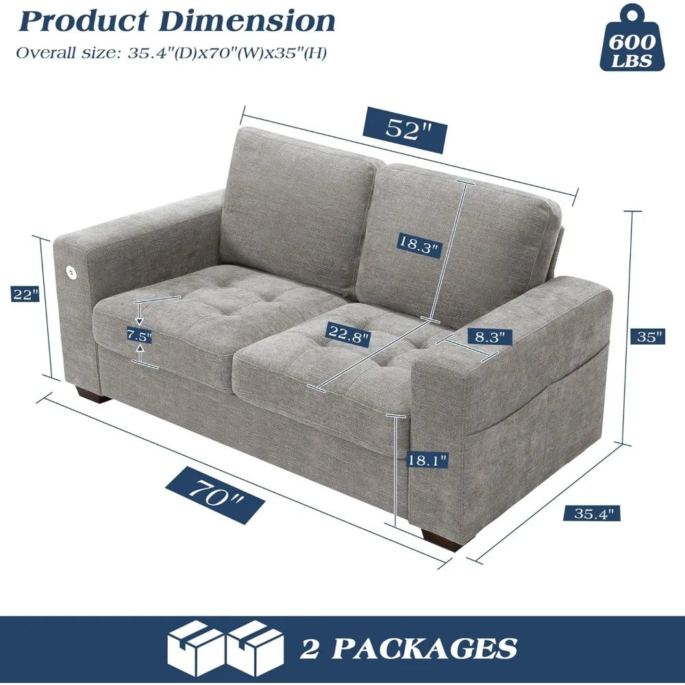 Living Room Sofas: Chenille Loveseat and Small 3-seater with USB ports and Removable Covers, Solid Wood Frame