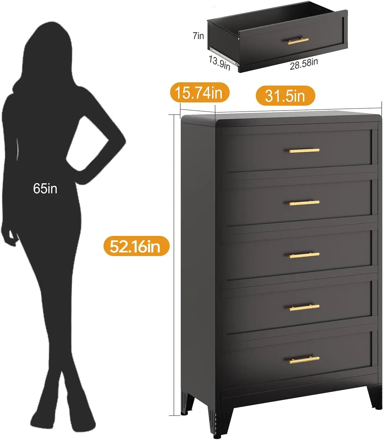 Metal 5 Drawer Dresser Chest Of Drawers For Bedroom Office