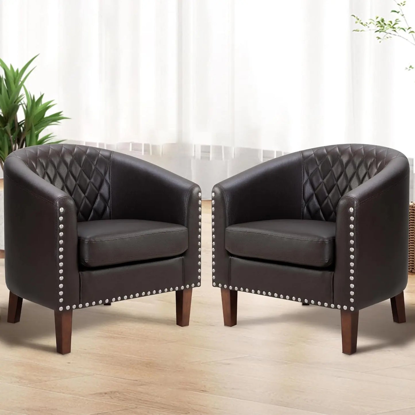 Barrel Chairs, Set of 2 Black Faux Leather Club Chairs