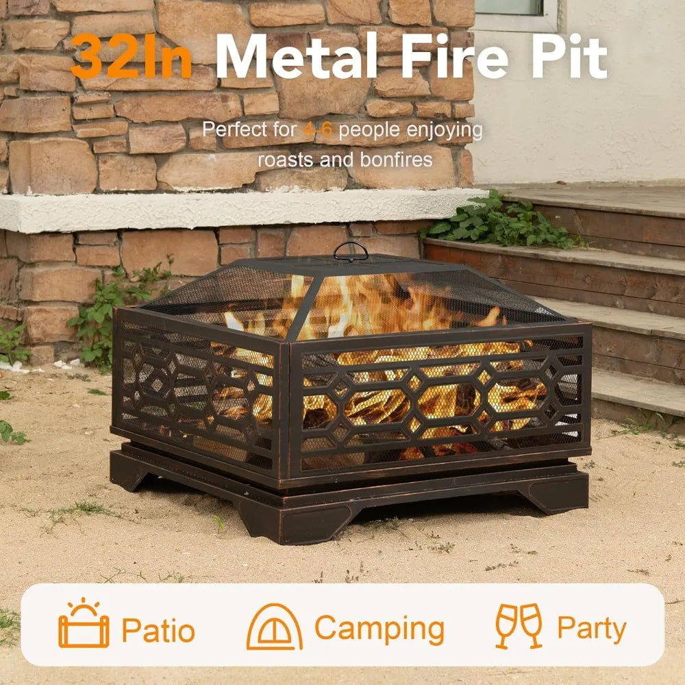 32 Inch Outdoor Wood Burning Fire Pit With Mesh Cover