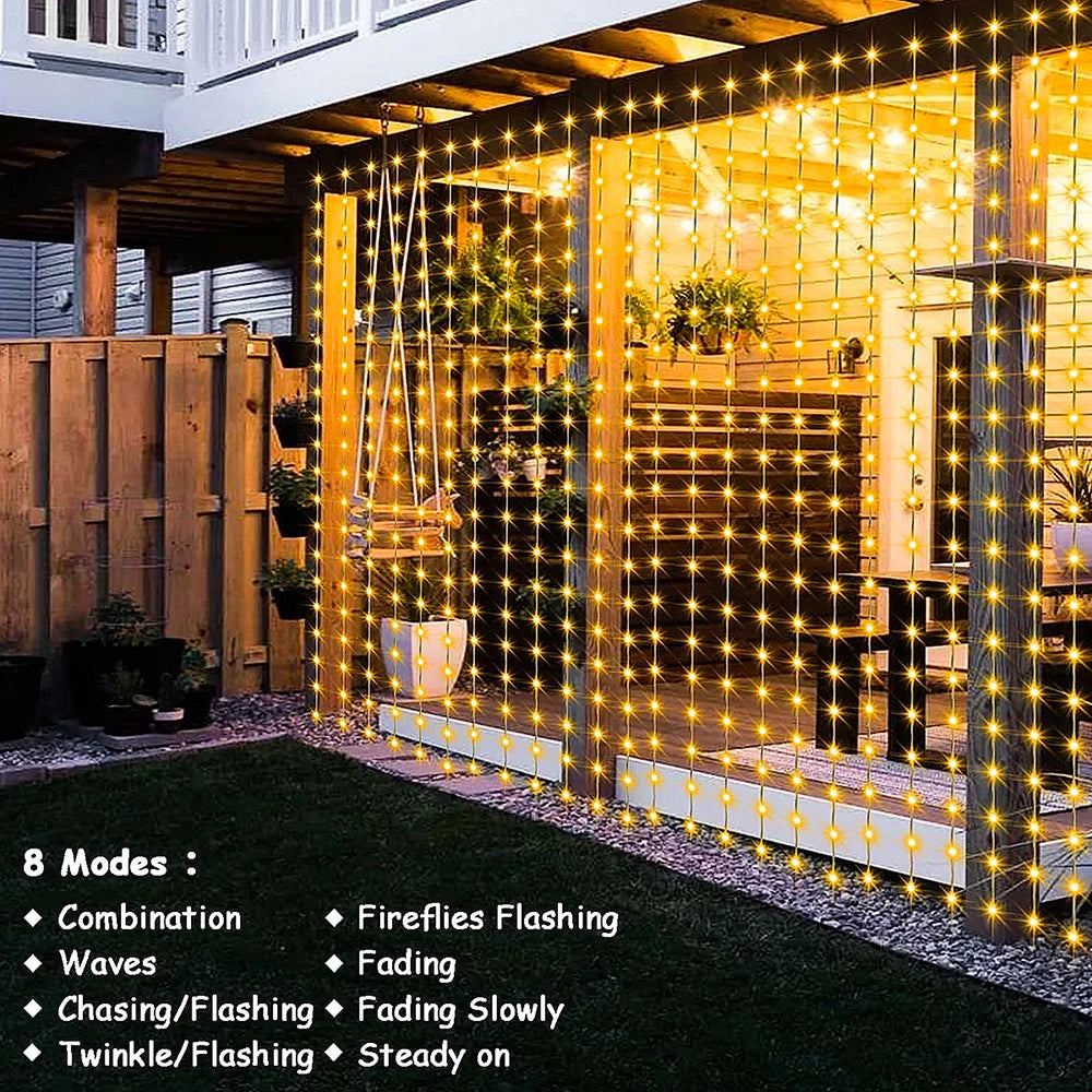 300 LED Solar Curtain Lights Outdoor Fairy Garland 8 Modes