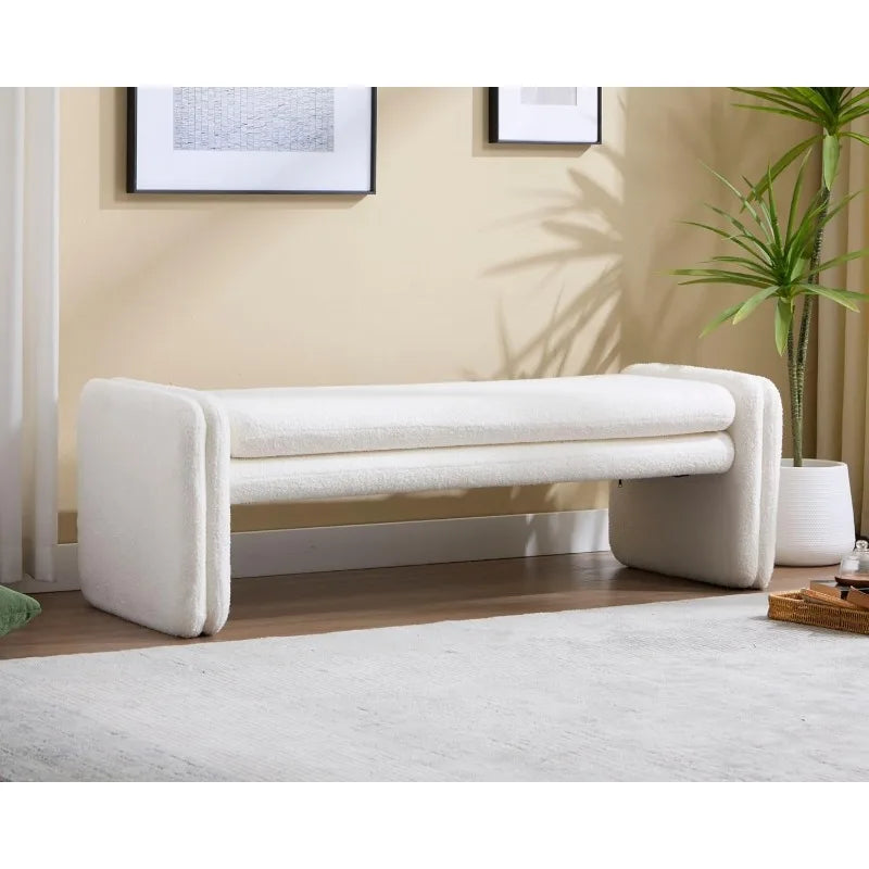 White Boucle Fabric Bench, Faux Sherpa Upholstered Entryway Bench, End of Bed Ottoman Bench with Removable Bench Seat Cushion