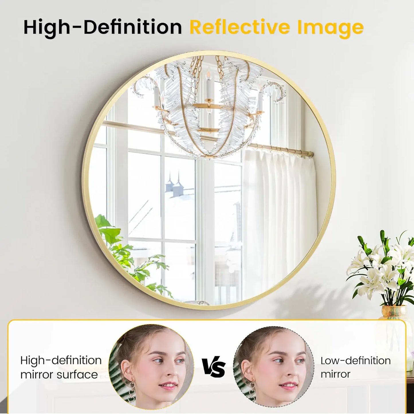 Extra Thick Round Mirror, Golden Aluminum Frame, Wall Mounted