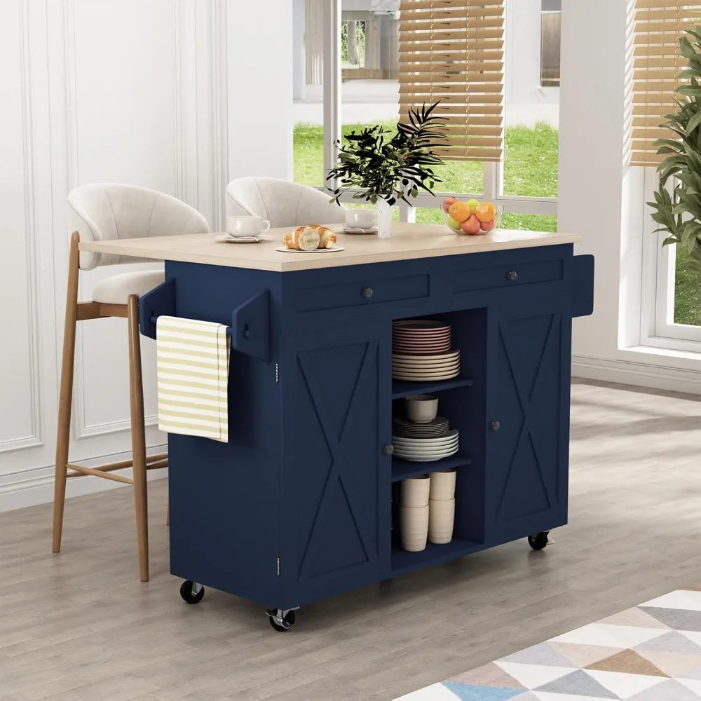 Blue Kitchen Island On Wheels With Drop Leaf Countertop