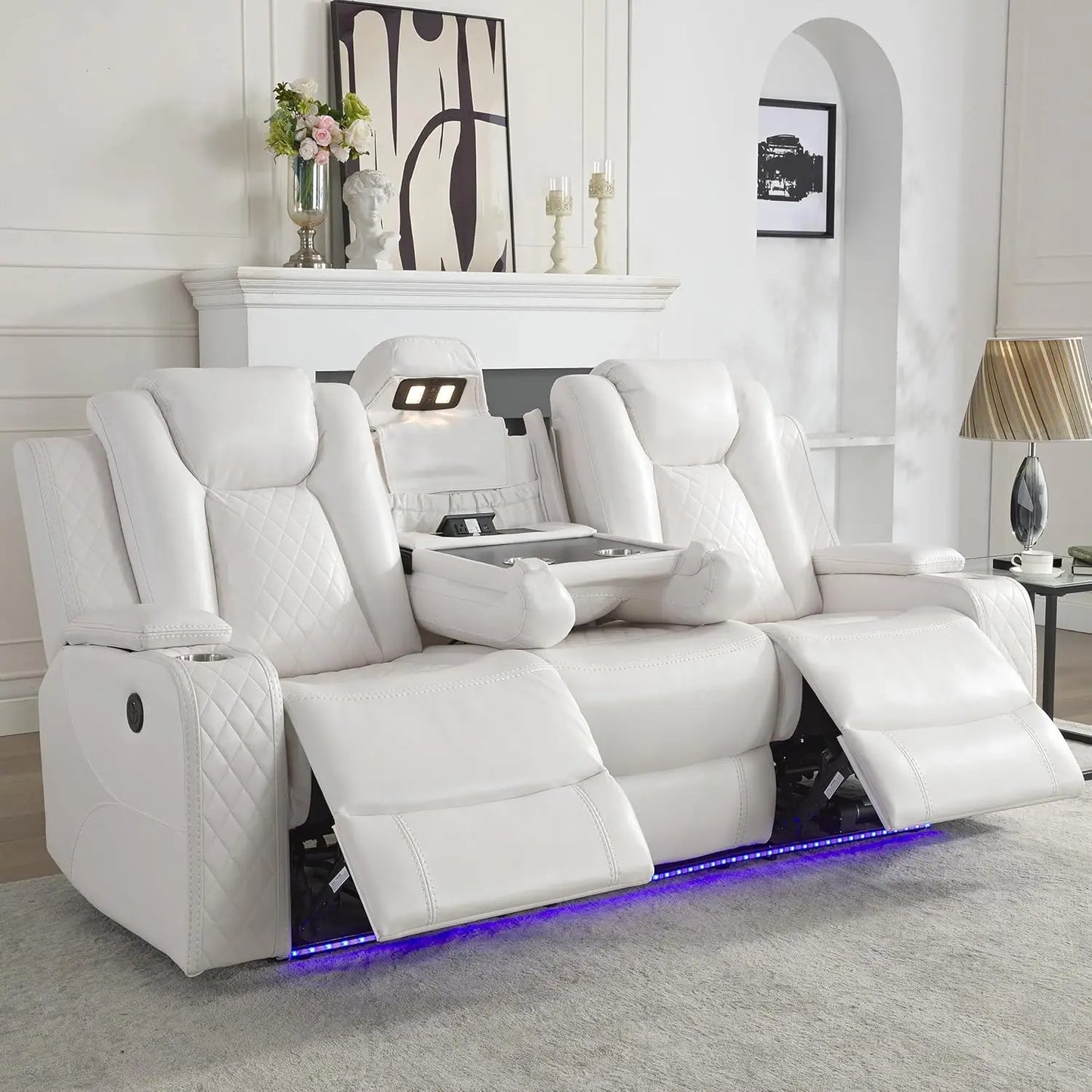 TODRANI Power Reclining Sofa w/ Wireless Charger, LED Floor Lights, Reading Light, Drop-down Table, USB/Type-C Port