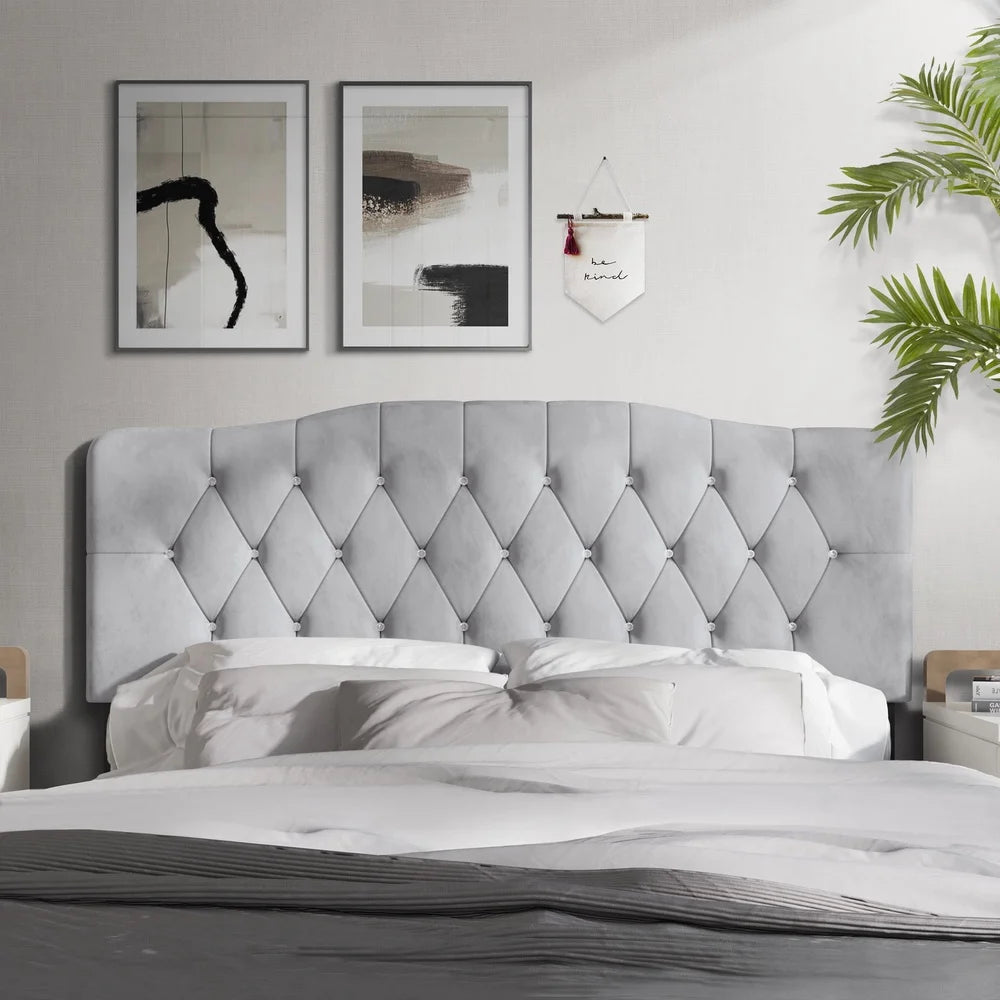 Upholstered Tufted Headboard, Adjustable Height, Silver Grey Velvet, Queen Size, Luxurious & Comfortable
