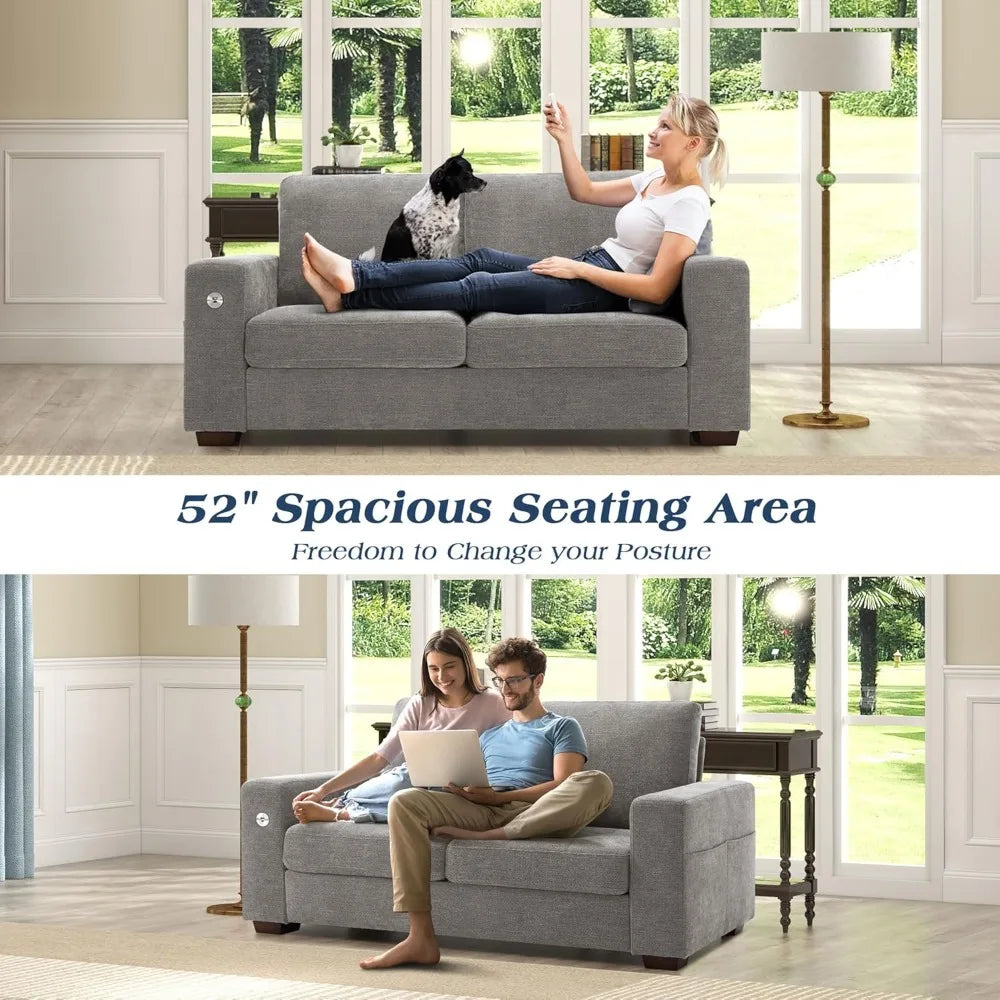 Living Room Sofas: Chenille Loveseat and Small 3-seater with USB ports and Removable Covers, Solid Wood Frame