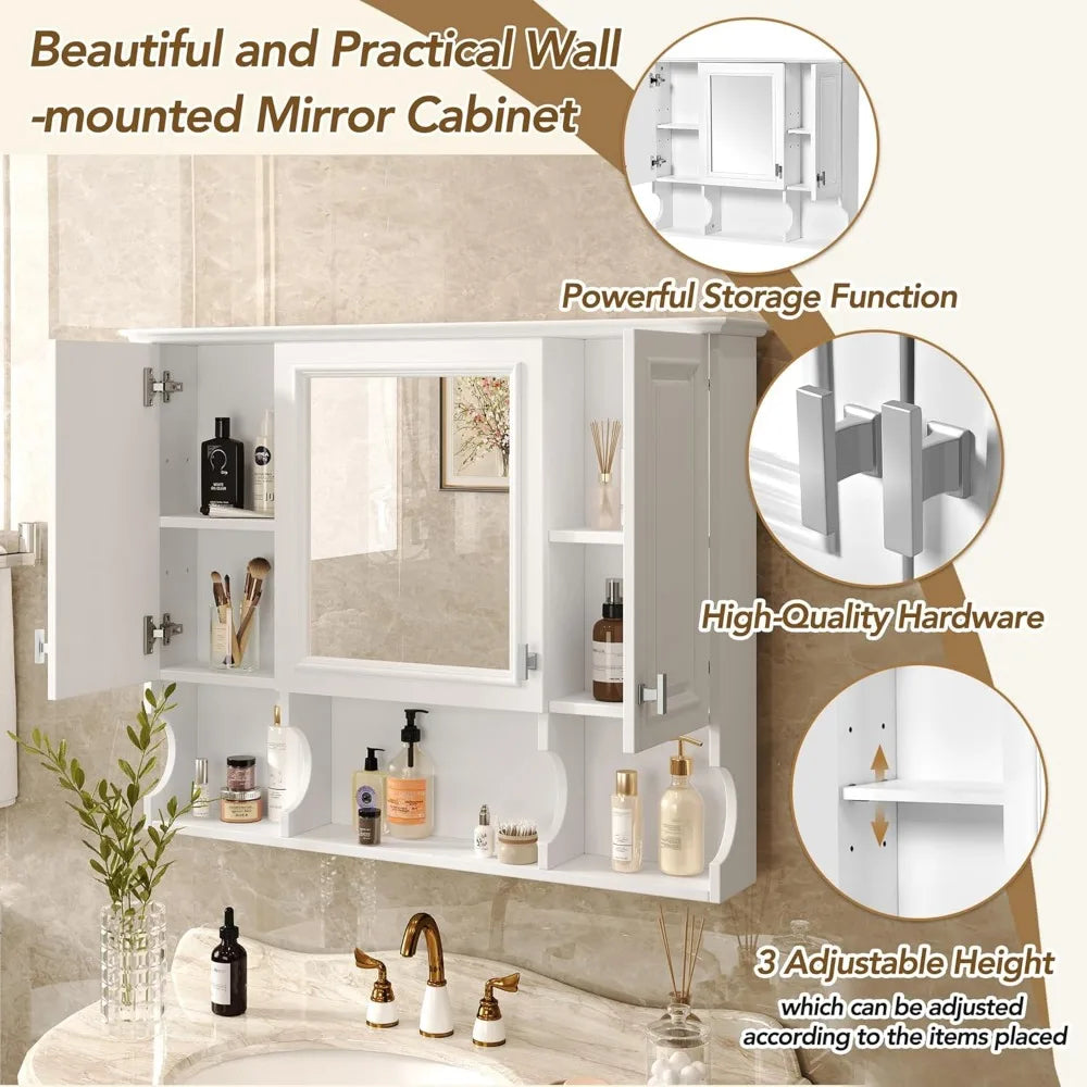 White Bathroom Wall Cabinet With Mirror And Adjustable Shelf