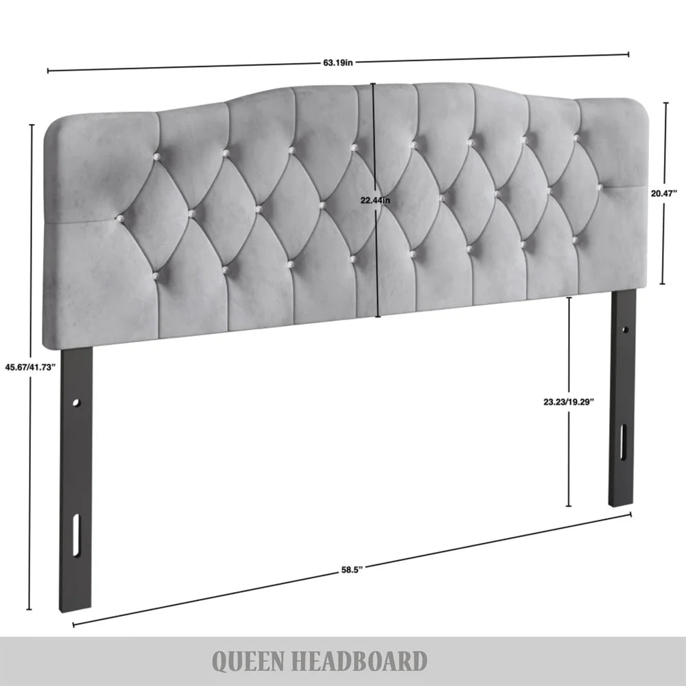 Upholstered Tufted Headboard, Adjustable Height, Silver Grey Velvet, Queen Size, Luxurious & Comfortable