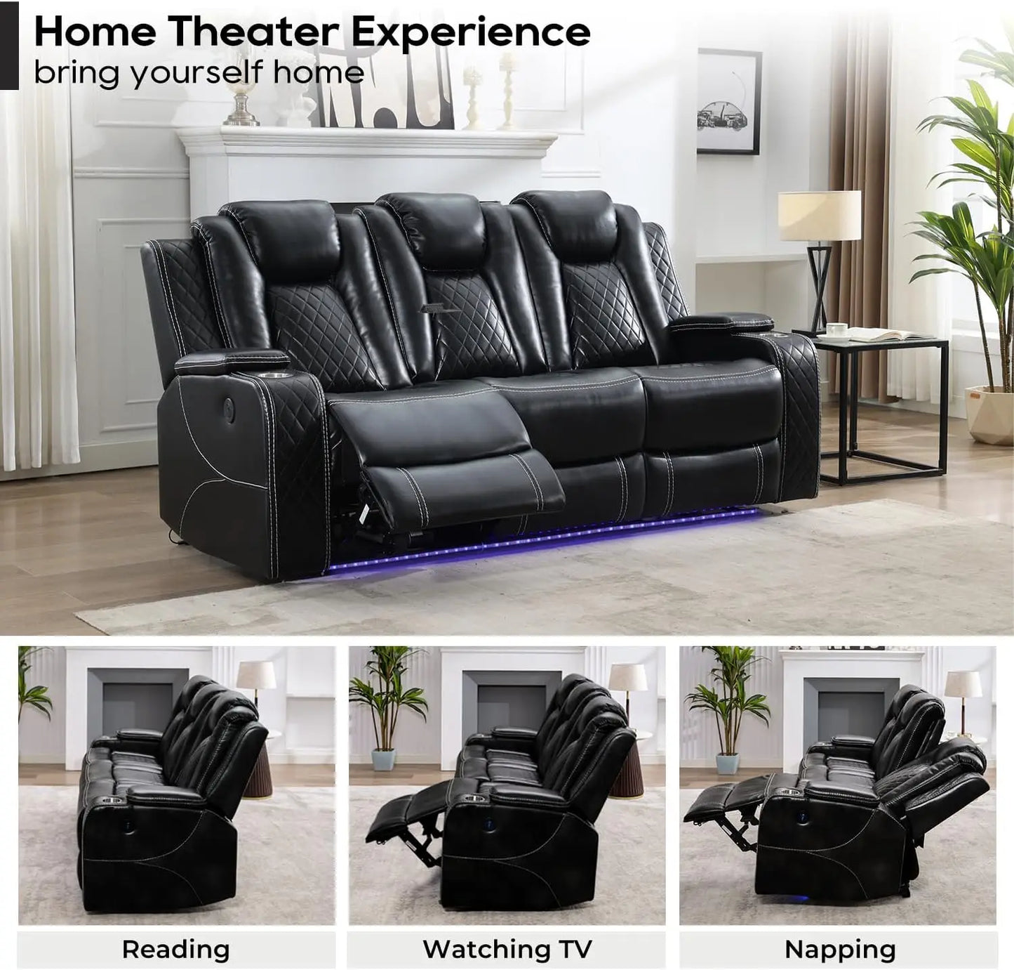 TODRANI Power Reclining Sofa w/ Wireless Charger, LED Floor Lights, Reading Light, Drop-down Table, USB/Type-C Port